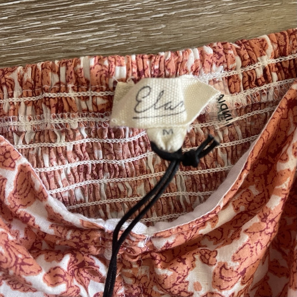 Elan Puff Sleeve Crop Top Medium Salmon Cinched Smocking Tie Front Blouse NWT - Picture 6 of 10